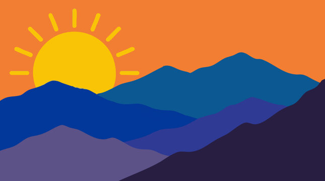 Modern flat design illustration of mountains and sunrise with vibrant colors