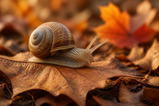 Soft light glows over autumn leaves. Snail crawls slowly across a leaf. Brown and gold leaves surround it. Nature's quiet moment captured here. Ideal for seasonal or peaceful themes