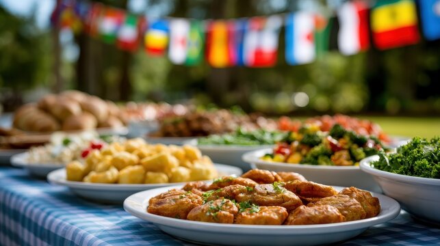 Stunning photo of delicious food from around the world served buffet style on a table outdoors with international flags hanging in the background.