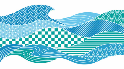 Abstract waves with traditional Japanese patterns in blue and green hues © Nomadic