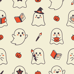 Fototapeta premium Cute Halloween Seamless Pattern. cute ghosts, kawaii cartoon background. for fabric print, gift wrapping paper, wallpaper. Vector illustration