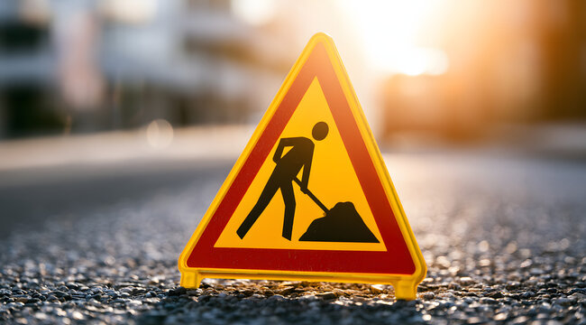 Road construction warning sign was placed on the asphalt road surface during a bright sunny day. The concept of street maintenance or urban traffic area includes temporary safety warnings.