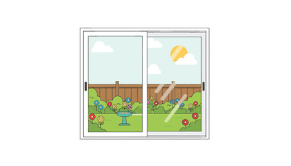 Obraz premium Large sliding glass window providing a view of a lush green backyard garden with colorful flowers and a small bird bath under the bright sun.