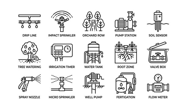 Irrigation and orchard equipment icons arranged in grid layout