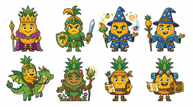 Fantasy pineapple characters in various adventure roleplay costumes