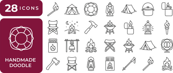 Fototapeta premium Handmade Doodle Camping Adventure Outline Icon Set Featuring Outdoor Survival Hiking Equipment Campfire Navigation and Wilderness Essentials