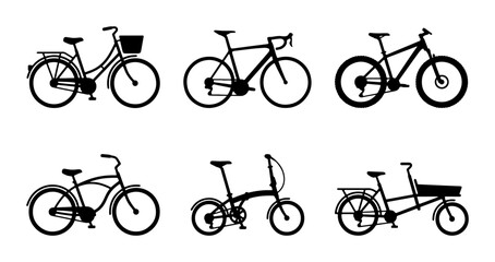 Obraz premium Diverse Bicycle Silhouettes Collection, Six Types of Bikes, Vector Graphics for Transport and Lifestyle Themes
