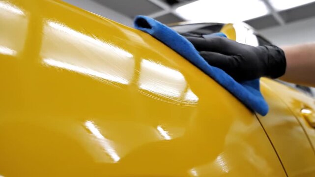 Close-up of hand in black glove polishing shiny yellow car surface with blue microfiber cloth