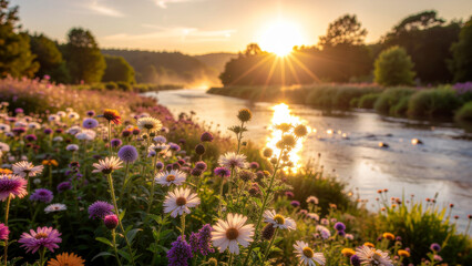 Obraz premium Colorful wildflowers blooming along a peaceful riverbank during a bright golden sunrise with sunbeams