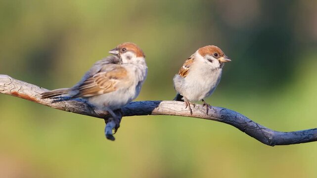 Two Eurasian Tree Sparrows preening and resting close-up