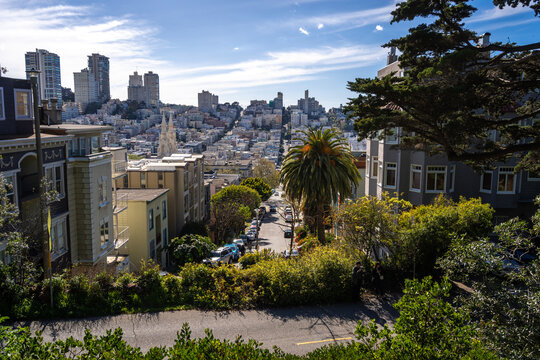 Cityscape view of downtown San Francisco and Lombard Street, USA