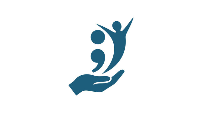 A blue icon featuring a hand supporting a semicolon and a stylized human figure.