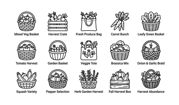 Vegetable basket icons arranged in rows on white background