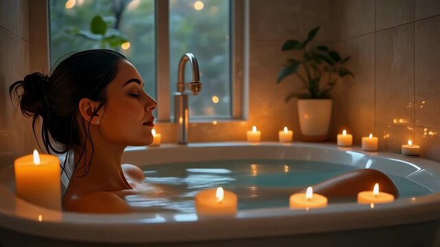 Woman relaxing in candlelit bathtub with soft ambient glow