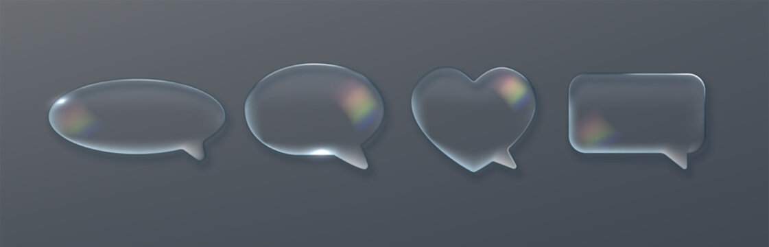 Collection of transparent glass speech bubbles with glossy liquid texture and holographic reflections. Modern 3D chat icons for messaging apps and digital communication.