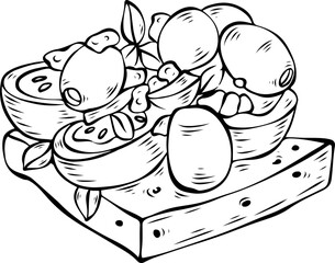 Obraz premium Bruschetta snack on wooden board sketch line art graphic for restaurant menu grocery web. Vector illustration