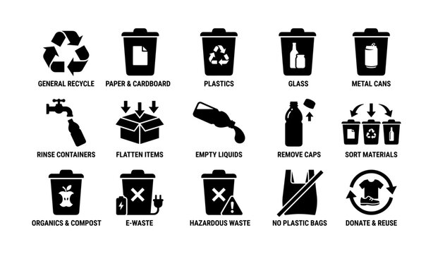 Recycling icons and bin labels showing sorting instructions