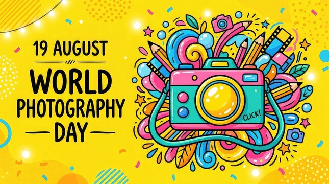 World photography day celebrations on august 19th with colorful camera illustration