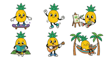 Obraz premium Retro cartoon pineapple characters enjoying various summer hobbies