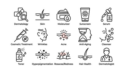 Fototapeta premium Skincare icons showing conditions and treatments on white background