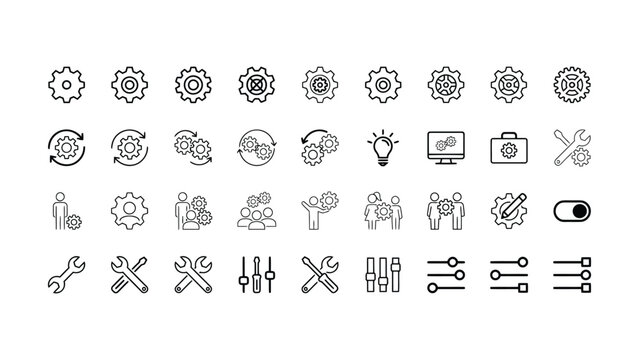 Black and white line icons set of gears tools and business concepts on white background for design and development  business concept
