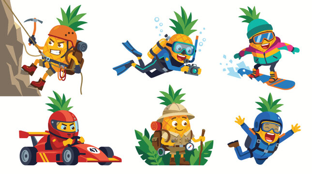 Pineapple characters engaged in various extreme sports and adventures