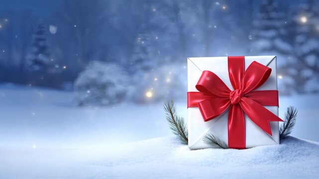 Christmas gift box with red ribbon in snowy winter landscape
