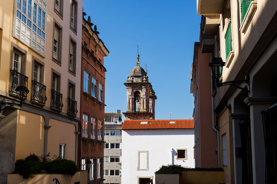 Historic rooftops and dome of the Church of St. George in La Coruna, Spain