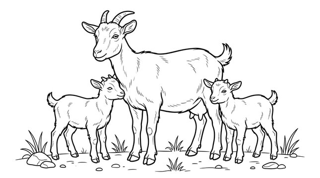 Farm Animal Goat Family Line Art For Kids Coloring