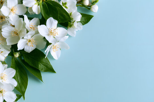 White spring flowers and green leaves creating a floral border and an elegant light blue background