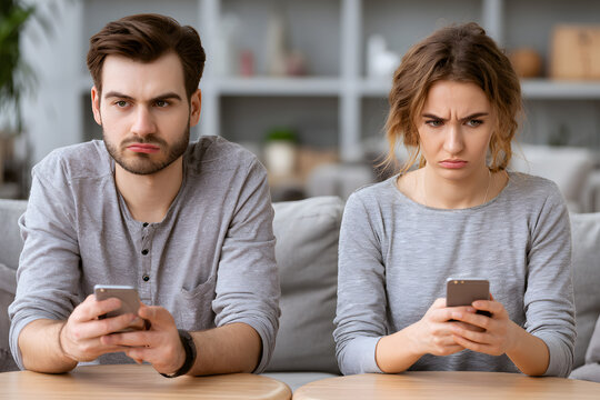 Young couple showed disinterest in each other after the quarrel, each one using their phones