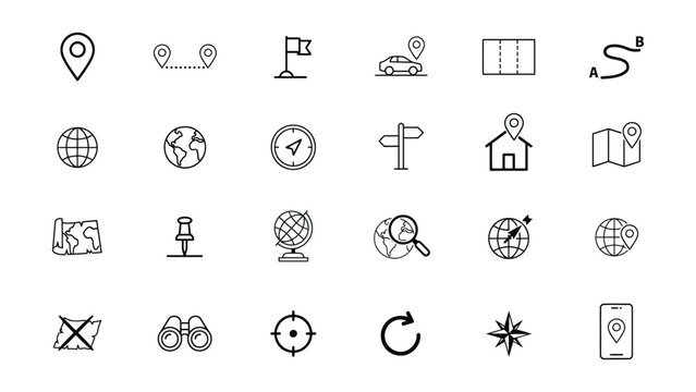 Collection of navigation and travel icons including maps globes location markers and directional symbols for web and mobile applications