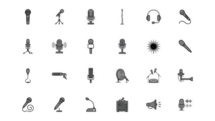 Collection of various microphones and audio equipment icons for music performance and recording purposes in a single image © CHANCHALA  SARKAR
