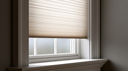 Obraz premium Stunning photo of modern interior window with energy-efficient cellular shades, featuring honeycomb design for superior thermal insulation and light control in a stylish home.
