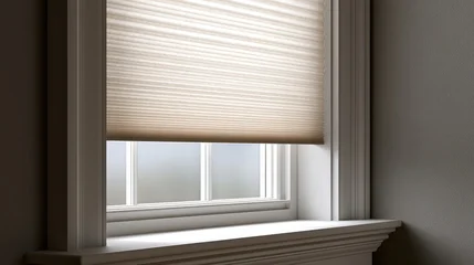 Stunning photo of modern interior window with energy-efficient cellular shades, featuring honeycomb design for superior thermal insulation and light control in a stylish home. © Pixelzone