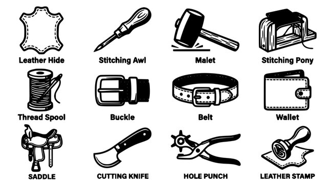Leather Tools Icons Set with Stitching Awl, Malet, Pony Stitching, Thread Spool, Buckle, Belt, Wallet, Saddle, Cutting Knife