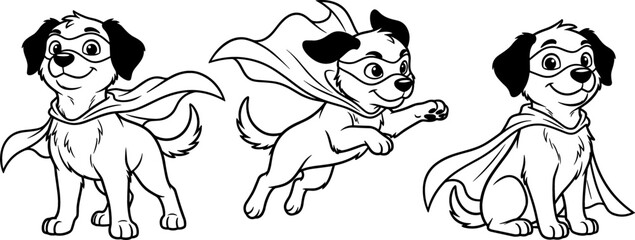 Obraz premium Cute Cartoon Superhero Puppy Character Vector Set with Little Dog Hero Wearing Cape and Mask Flying and Sitting for Kids Coloring Page