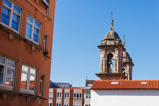 Historic rooftops and dome of the Church of St. George in La Coruna, Spain