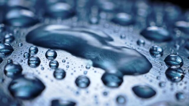 Close-up of water droplets on a textured metallic surface with blue tones and reflections.