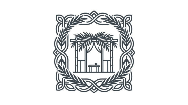 Elegant line art illustration of a traditional Jewish wedding chuppah canopy framed by an intricate decorative border.