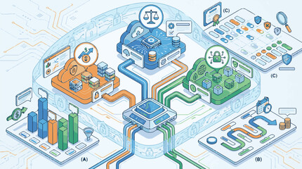 Fototapeta premium Multi Cloud Cost Management Dashboard, Isometric Compliance Analytics Infographic Vector