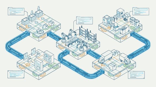 Circular economy supply chain isometric vector diagram with inbound logistics, automated warehousing, distribution, customer use and reverse logistics workflow