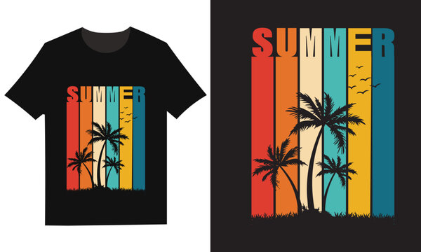 Summer t shirt design with palm trees and colorful stripes