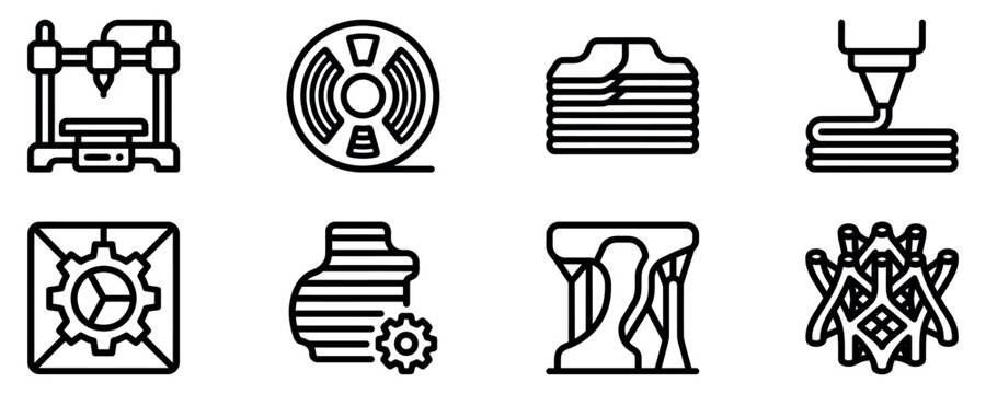 Set of 3d printing icons with printer machine filament extruder and additive manufacturing process design elements Vector