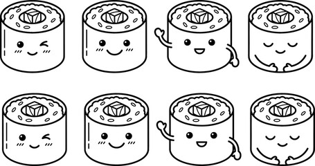Cute Cartoon Sushi Maki Roll Vector Character Set Waving Winking and Smiling for Kids Coloring Books and Japanese Restaurant Graphic Designs © monoara