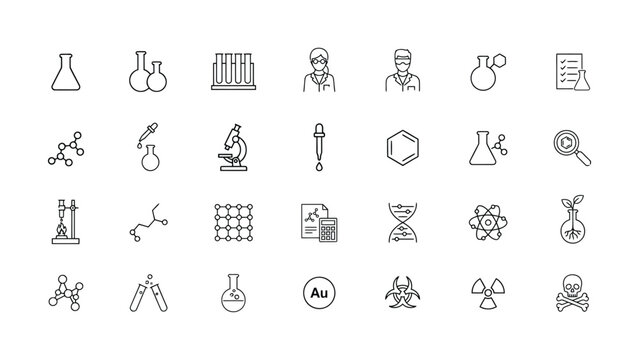 Line style science and chemistry icons set including microscope beaker test tube and scientist isolated on transparent background