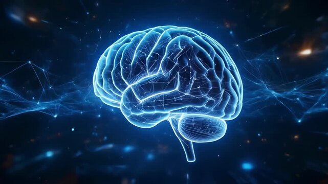Glowing blue digital brain with network connections
