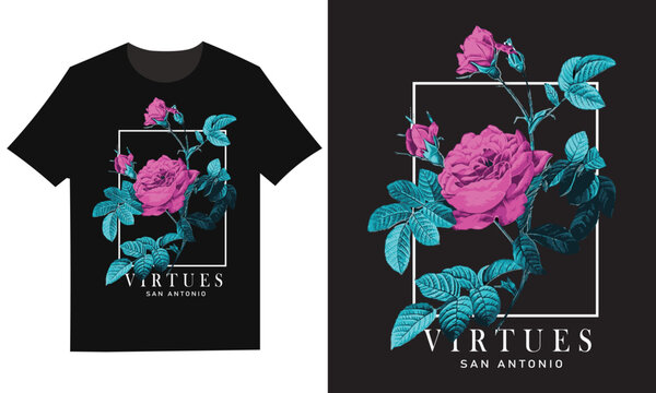 T shirt design with floral pattern and text logo virtues san antonio