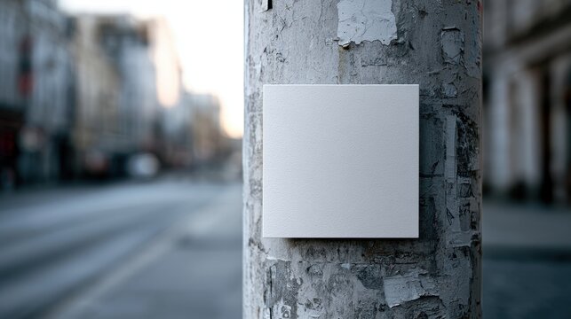 Stunning photo of blank white square flyer mockup on a city utility pole with torn posters and a blurred urban street background.