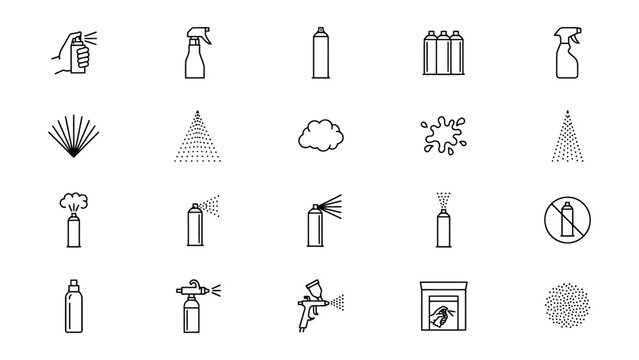 Set of line icons for spray paint and aerosol cans and bottles with nozzles and sprays and clouds of vapor and liquid  various spraying techniques and tools